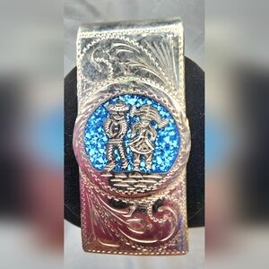 Vintage Mexican Alpaca silver money clip with a crushed turquoise inlay